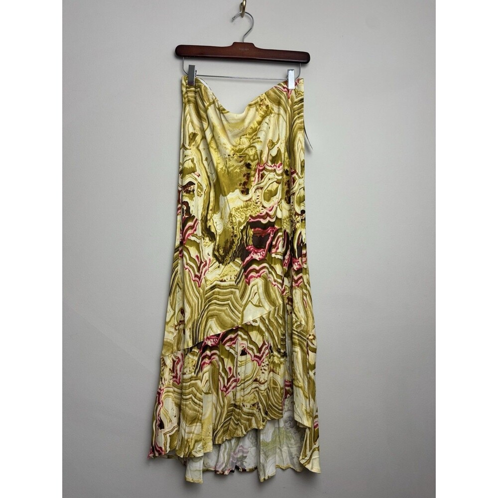 By Anthropologie Satin Skirt Size XL Yellow Midi Printed Slit